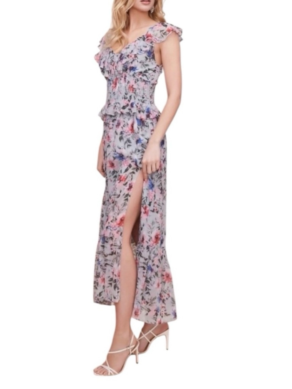 Astr Pink Floral Ruffle Maxi Dress with Side Slit